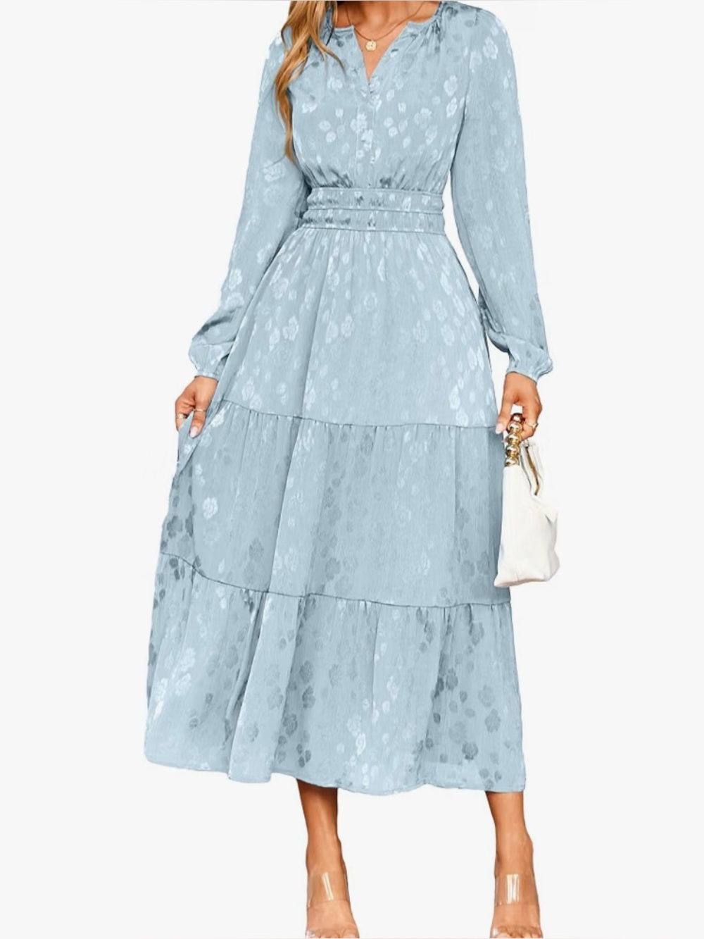 Simplee Light Blue Tiered Maxi Dress with Long Sleeves V neck size S